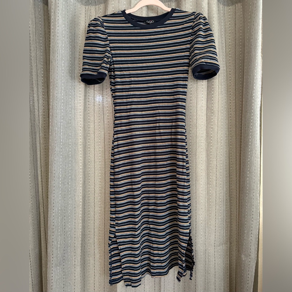 Striped Navy Midi Dress with Puff Sleeves